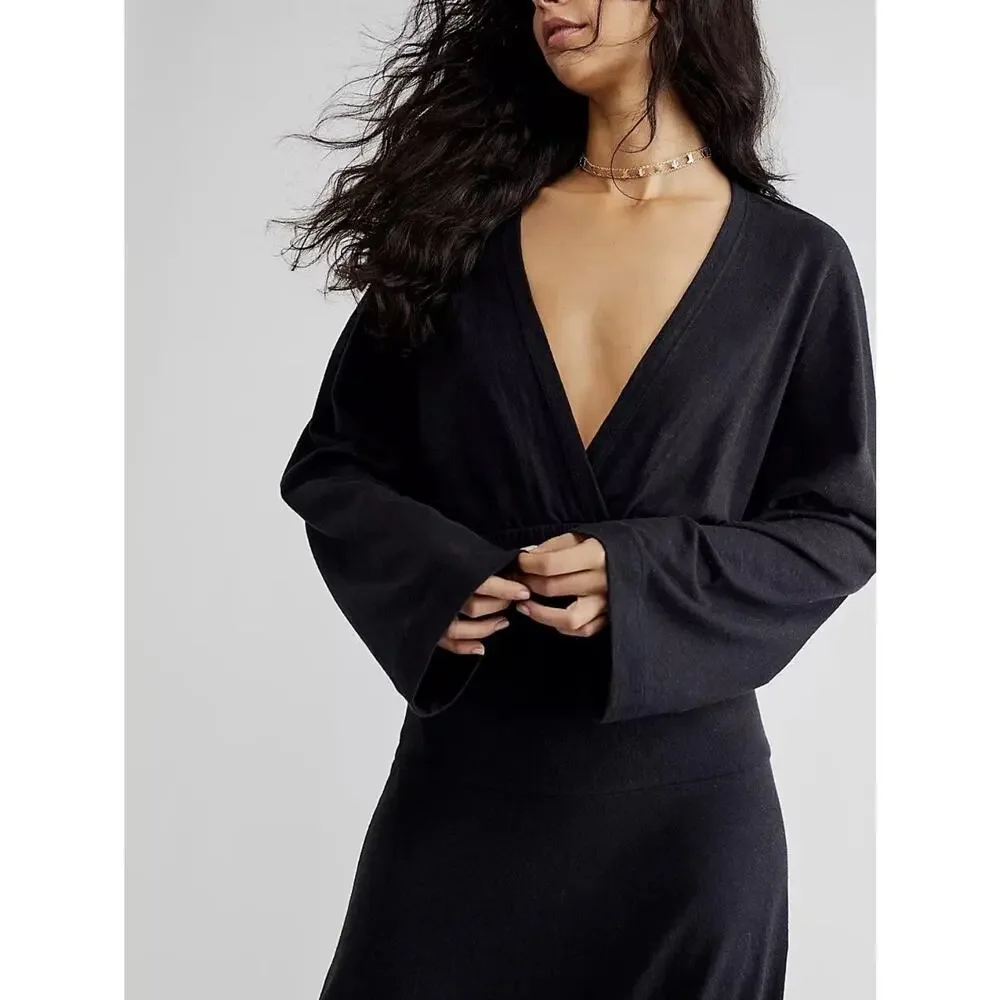 Free People FP Beach Bernadette Dress Size S Hemp Cotton Black Maxi V Neck